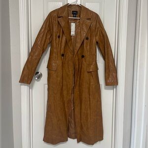 Urban Outfitters Double-Breasted Faux Leather Trench Coat - Brown